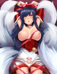Rule 34 | 1girl, ahri (league of legends), bdsm, blue hair, blush, bondage, bound, bound wrists, breasts, female focus, large breasts, league of legends, long hair, nipples, open mouth, solo, spichis, tagme, yellow eyes