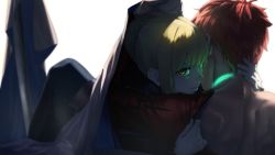 Rule 34 | 1boy, 1girl, amino (tn7135), armor, artoria pendragon (fate), artoria pendragon (lancer alter) (fate), back, blonde hair, cape, covering privates, emiya shirou, fate/grand order, fate (series), glowing, glowing eyes, green eyes, hand on another&#039;s back, hand on another&#039;s head, hand on another&#039;s neck, hetero, hug, igote, japanese armor, leaning forward, leaning on person, light particles, limited/zero over, looking at viewer, pants, parted lips, red hair, saber class (fate), senji muramasa (fate), shade, shoulder blades, sidelocks, sitting, sword, topless male, under covers, weapon