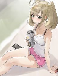 Rule 34 | 1girl, :t, ahoge, arm support, bare legs, bare shoulders, blush, breasts, camisole, can, cellphone, cleavage, collarbone, commentary, feet out of frame, green eyes, highres, holding, holding can, idolmaster, idolmaster cinderella girls, light brown hair, looking at viewer, medium breasts, modare, phone, pout, sato shin, short shorts, shorts, sitting, smartphone, solo, swept bangs, twintails
