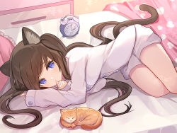Rule 34 | 1girl, alarm clock, animal, animal ear fluff, animal ears, arm up, bed, brown hair, cat, cat ears, cat girl, cat tail, clock, commentary request, feet out of frame, finger to mouth, frilled pillow, frills, hand up, long hair, long sleeves, lying, on bed, on side, original, pillow, rk (rktorinegi), shirt, short shorts, shorts, sleeves past wrists, solo, tail, twintails, very long hair, white shirt, white shorts