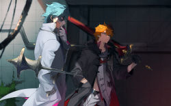 Rule 34 | 2boys, aqua hair, black gloves, blue eyes, closed mouth, coat, dottore (genshin impact), fur collar, genshin impact, gloves, grin, hair between eyes, hand in pocket, highres, holding, holding sword, holding weapon, jacket, male focus, mask, mask on head, multiple boys, namae (areees), orange hair, over shoulder, pants, red eyes, red scarf, scarf, smile, sword, tartaglia (genshin impact), vision (genshin impact), weapon, weapon over shoulder, white gloves