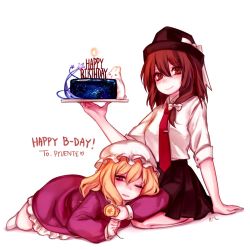 Rule 34 | 2girls, arm support, black hat, black skirt, blonde hair, blush, bow, breasts, brown eyes, brown hair, cake, commentary request, dress, fedora, food, hair between eyes, hair bow, happy birthday, hat, hat bow, head tilt, heart, holding, holding food, lying, maribel hearn, medium breasts, miniskirt, mob cap, multiple girls, necktie, on stomach, one eye closed, pantyhose, parted lips, petticoat, pleated skirt, purple dress, purple eyes, rabbit, red neckwear, shadow, shan, shirt, short hair, short sleeves, simple background, sitting, skirt, thighs, touhou, usami renko, wariza, white background, white bow, white hat, white legwear, white shirt, wing collar