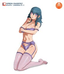 Rule 34 | 1girl, blue eyes, blue hair, bra, breasts, byleth (female) (fire emblem), byleth (fire emblem), cleavage, commentary, crazzeffect, fire emblem, fire emblem: three houses, garter belt, hand up, highres, kneeling, large breasts, long hair, looking at viewer, navel, nintendo, no shoes, panties, parted lips, purple bra, purple panties, purple thighhighs, shadow, simple background, solo, stomach, strap slip, thighhighs, thighs, underwear, white background
