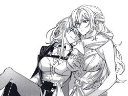 Rule 34 | 2girls, arm around shoulder, black jacket, breasts, chest harness, closed mouth, collared shirt, crossed legs, dress, expressionless, gloves, greyscale, hair between eyes, harness, head on another&#039;s shoulder, himeko (honkai: star rail), honkai: star rail, honkai (series), jacket, jewelry, kafka (honkai: star rail), large breasts, long hair, looking ahead, monochrome, multiple girls, multiple rings, omegiricecake, pantyhose, ring, shirt, simple background, sitting, sleeveless, sleeveless dress, smile, white background