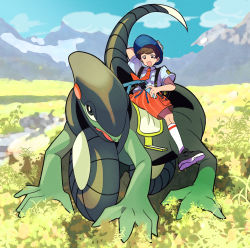 Rule 34 | 1boy, :d, black footwear, blue headwear, brown eyes, brown hair, cloud, commentary request, creatures (company), cyclizar, day, florian (pokemon), game freak, grass, hat, highres, holding, male focus, mountainous horizon, necktie, nintendo, open mouth, orange necktie, orange shorts, outdoors, pokemon, pokemon (creature), pokemon sv, riding, riding pokemon, shirt, shoes, short hair, short sleeves, shorts, sitting, sky, smile, socks, white socks, yamamo tomato