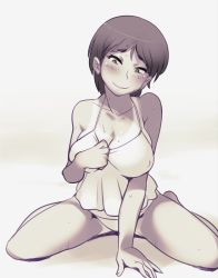 Rule 34 | 1girl, blush, breasts, cleavage, closed mouth, ero kaeru, large breasts, looking at viewer, monochrome, original, panties, short hair, simple background, sitting, smile, solo, underwear