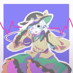 Rule 34 | 1girl, black hat, blouse, bow, buttons, diamond button, eyeball, frilled shirt collar, frilled sleeves, frills, green hair, green skirt, hat, hat bow, hat ribbon, heart, heart of string, highres, holding, holding phone, komeiji koishi, open mouth, phone, ribbon, shirt, skirt, solo, third eye, touhou, wide sleeves, yellow bow, yellow ribbon, yellow shirt, zhixie jiaobu