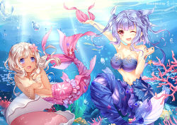 Rule 34 | 10s, 2girls, blonde hair, blue hair, clam, coral, covering privates, covering breasts, fins, fish tail, i-19 (kancolle), kantai collection, long hair, luoye, mermaid, monster girl, multiple girls, purple eyes, red eyes, ro-500 (kancolle), shell, tail, topless, tri tails, twintails, underwater