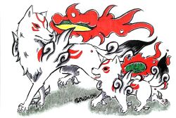 Rule 34 | amaterasu (ookami), black eyes, chibiterasu, fire, looking at another, mother and son, ookami (game), tongue, tongue out, wolf