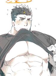 Rule 34 | 1boy, abs, bara, black hair, black shirt, clothes in mouth, facial hair, fire, flaming halo, flying sweatdrops, halo, hand up, highres, large pectorals, lifting own clothes, male focus, mature male, mouth hold, muscular, muscular male, navel, pectoral focus, pectorals, po fu, shirt, shirt in mouth, short hair, shy, solo, spot color, stubble, tokyo houkago summoners, underpec, upper body, zabaniyya (housamo)