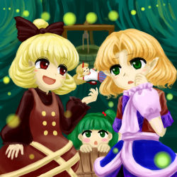 Rule 34 | 4girls, :3, arm support, arm warmers, blonde hair, bottle, bow, brown dress, bucket, cave, dress, facing viewer, faux traditional media, fireflies, green eyes, green hair, hair bow, hand on own face, hand on own stomach, hand up, horns, hoshiguma yuugi, in bucket, in container, kisume, kurodani yamame, layered dress, long hair, long sleeves, looking at another, lying, mizuhashi parsee, multiple girls, official style, open mouth, pointy ears, ponytail, red eyes, scarf, short hair, short sleeves, single horn, touhou, well, yuki-ichigo, zun (style)
