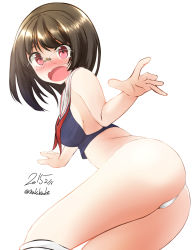 Rule 34 | 10s, 1girl, ass, bad id, bad pixiv id, bare shoulders, blush, breasts, brown hair, cameltoe, choukai (kancolle), glasses, kantai collection, long hair, looking at viewer, looking back, nekobaka, open mouth, red eyes, school uniform, serafuku, short hair, sideboob, simple background, solo, white background