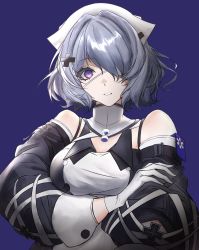 Rule 34 | 1girl, arknights, bare shoulders, blue hair, breasts, cmhp, commentary, gloves, hair ornament, hair over one eye, hairclip, highres, parted lips, purple eyes, short hair, simple background, solo, symbol-only commentary, whisperain (arknights)