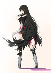 Rule 34 | 1girl, absurdres, armored boots, bandaged arm, bandages, black hair, black socks, black thighhighs, boots, bridal gauntlets, closed mouth, floating hair, from behind, full body, highres, kneehighs, long hair, looking back, low-tied long hair, profile, simple background, single kneehigh, single sock, single thighhigh, smile, socks, solo, standing, tales of (series), tales of berseria, thighhighs, torn clothes, torn thighhighs, toroiwa, velvet crowe, very long hair, white background, yellow eyes