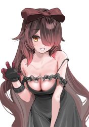 Rule 34 | 1girl, bare shoulders, black bow, black dress, black gloves, bow, bow hairband, breasts, brown hair, cleavage, collarbone, commentary request, dress, gloves, gradient hair, hair bow, hair over one eye, hairband, highres, hololive, kanzarin, large breasts, leaning forward, long hair, looking at viewer, multicolored hair, official alternate costume, official alternate hairstyle, red hair, roboco-san, roboco-san (night dress), simple background, smile, solo, streaked hair, very long hair, virtual youtuber, white background, yellow eyes