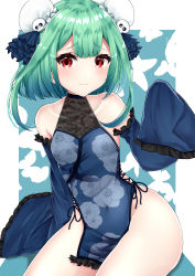 Rule 34 | 1girl, absurdres, bare legs, bare shoulders, blue dress, china dress, chinese clothes, commentary request, covered navel, detached sleeves, dress, frilled dress, frilled sleeves, frills, green hair, hair ornament, harukasu (mememememo), highres, hololive, looking at viewer, red eyes, skull hair ornament, sleeveless, sleeveless dress, sleeves past fingers, sleeves past wrists, smile, solo, uruha rushia, virtual youtuber