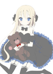 Rule 34 | 1girl, asymmetrical hair, bare shoulders, black bow, black dress, black thighhighs, blonde hair, blue eyes, blush, bow, braid, closed mouth, collar, detached sleeves, dress, garter straps, hair between eyes, hair bow, holding, holding stuffed toy, long hair, looking at viewer, no shoes, original, puffy short sleeves, puffy sleeves, red bow, short sleeves, simple background, sitting, sketch, solo, strapless, strapless dress, stuffed animal, stuffed toy, teddy bear, thighhighs, tia-chan, uchuuneko, very long hair, wariza, white background, white collar
