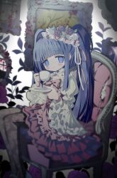 1girl absurdres blood blue_eyes blue_hair blunt_bangs blurry blush bow chair collar cup cushion dawn_of_the_golden_witch depth_of_field detached_collar dress empty_eyes end_of_the_golden_witch flat_chest floral_print flower frilled_collar frilled_dress frilled_sleeves frills furudo_erika hair_flower hair_ornament highres holding holding_cup indoors juliet_sleeves layered_dress light_smile long_hair long_sleeves pantyhose plant portrait_(object) print_pantyhose puffy_sleeves red_flower red_rose ribbon rose rose_print sitting smile solo straight_hair teacup torn twintails umineko_no_naku_koro_ni usagi_nui wide_sleeves