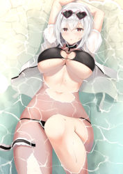 Rule 34 | 1girl, absurdres, alternate costume, arms up, azur lane, bikini, black bikini, breasts, choker, cleavage, collarbone, day, eyewear on head, hair between eyes, has bad revision, heart, heart-shaped eyewear, highres, kanata (kanade pa), large breasts, looking at viewer, lying, md5 mismatch, navel, o-ring, o-ring top, on back, open mouth, outdoors, partially submerged, red eyes, resolution mismatch, short hair, sirius (azur lane), sirius (scorching-hot seirios) (azur lane), solo, source smaller, sunglasses, swimsuit, wet, white hair