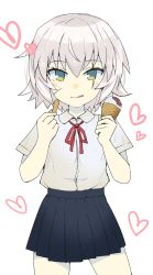 Rule 34 | 1girl, :q, black skirt, blue eyes, brown eyes, closed mouth, collared shirt, commentary request, cowboy shot, facial scar, fate/apocrypha, fate/grand order, fate (series), food, gedou (ge ge gedou), green eyes, holding, holding food, ice cream, ice cream cone, jack the ripper (fate/apocrypha), looking at viewer, miniskirt, neck ribbon, pleated skirt, red ribbon, ribbon, scar, scar across eye, scar on cheek, scar on face, school uniform, shirt, short hair, short sleeves, skirt, smile, solo, standing, tongue, tongue out, white background, white hair, white shirt