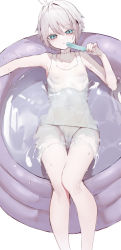 Rule 34 | 1girl, blue eyes, cameltoe, feet out of frame, fingernails, food, hair between eyes, highres, hinamori (18ar0), holding, holding food, one-piece swimsuit, original, parted lips, partially submerged, popsicle, school swimsuit, short hair, simple background, skinny, solo, stitched neck, stitches, swimsuit, wading pool, white background, white hair, white one-piece swimsuit