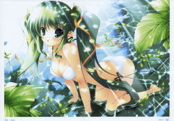 Rule 34 | 1girl, :o, absurdres, all fours, bikini, blush, bow, breasts, butt crack, cleavage, covered erect nipples, green eyes, green hair, highres, large breasts, leaning forward, looking at viewer, melon-chan, melonbooks, mikeou, partially submerged, shiny skin, swimsuit, twintails, water, white bikini, yellow bow