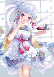 Rule 34 | 1girl, alternate costume, apron, ayaka (genshin impact), bare legs, blue eyes, blue hair, blunt bangs, blush, commentary, cowboy shot, dress, enmaided, floral print, flower knot, frilled dress, frills, genshin impact, green tea, hand up, highres, hiyada yuu, holding, holding plate, indoors, light blue hair, long hair, looking at viewer, maid, maid headdress, open mouth, petals, plate, ponytail, sidelocks, smile, solo, sparkle, tea, wa maid, white apron, window