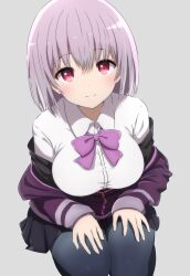 Rule 34 | 1girl, absurdres, black pantyhose, black skirt, bow, bowtie, breasts, closed mouth, from above, grey background, gridman universe, hands on own thighs, highres, large breasts, looking at viewer, noshimurin, off shoulder, pantyhose, pleated skirt, purple bow, purple bowtie, red eyes, school uniform, shinjou akane, shirt, short hair, simple background, skirt, smile, solo, ssss.gridman, white shirt