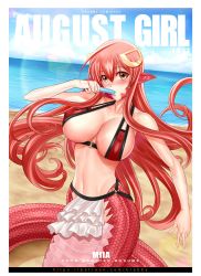 Rule 34 | 1girl, 2017, august, beach, blush, breasts, food, food in mouth, highres, jewelry, krabbytheartist, lamia, large breasts, lens flare, long hair, miia (monster musume), monster girl, monster musume no iru nichijou, ocean, pointy ears, popsicle, red hair, ring, scales, swimsuit, yellow eyes