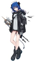 Rule 34 | 1girl, arknights, asymmetrical gloves, black footwear, black gloves, black jacket, black shorts, blue eyes, blue hair, boots, closed mouth, commentary request, cross-laced footwear, detached wings, full body, fur-trimmed hood, fur trim, gloves, grey wings, hair between eyes, halo, hand in pocket, highres, hood, hood down, hooded jacket, horns, jacket, lace-up boots, long hair, long sleeves, lowell (ouranoss2kanata), mismatched gloves, mostima (arknights), open clothes, open jacket, shirt, short shorts, shorts, simple background, smile, solo, white background, white gloves, white shirt, wings