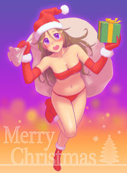 Rule 34 | 1girl, ankle boots, bandeau, bikini, boots, breasts, brown hair, christmas, cleavage, elbow gloves, fukusuke hachi-gou, fur boots, gloves, hat, highres, long hair, looking at viewer, navel, open mouth, original, purple eyes, red footwear, red gloves, sack, santa boots, santa hat, solo, strapless, swimsuit, tube top