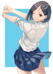 Rule 34 | 1girl, black hair, blue background, blue skirt, bob cut, border, bracelet, brown eyes, closed mouth, clothes lift, cowboy shot, doushimasho, from behind, highres, interlocked fingers, jewelry, looking at viewer, looking back, miniskirt, one eye closed, original, pleated skirt, shirt, simple background, skirt, smile, solo, stretching, white border, white shirt