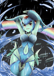 Rule 34 | 1girl, :d, absurdres, armpits, arms up, bare shoulders, black background, blue headwear, blue legwear, blue one-piece swimsuit, blush, breasts, cleavage, clothing cutout, collarbone, colored skin, commentary, covered erect nipples, cowboy shot, curvy, digimon, digimon (creature), digimon frontier, english commentary, fingerless gloves, fins, gloves, gluteal fold, green skin, groin, highres, large breasts, looking at viewer, navel, navel cutout, one-piece swimsuit, open mouth, rain, rainbow, ranamon, red eyes, side cutout, smile, solo, standing, sudhiro sappurisa, swimsuit, thigh gap, wading, water, wide hips