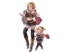 Rule 34 | 10s, 2girls, bag, blonde hair, boots, bracelet, breasts, brown eyes, brown hair, cleavage, earrings, food, full body, fur trim, granblue fantasy, hair ornament, hairclip, high heel boots, high heels, jewelry, long hair, midriff, minaba hideo, miniskirt, mother and daughter, multicolored hair, multiple girls, navel, nene (granblue fantasy), official art, ponytail, skirt, thighhighs, transparent background, two-tone hair, yae (granblue fantasy)