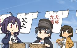 Rule 34 | 3girls, ahoge, alternate costume, arare (kancolle), basket, black hair, black jacket, blue jacket, blue sky, brown eyes, brown hair, clothes writing, clothesline, cloud, day, hair flaps, hamu koutarou, hat, highres, hiryuu (kancolle), jacket, kantai collection, laundry, looking at viewer, low twintails, multiple girls, one-hour drawing challenge, outdoors, purple hair, railing, red eyes, shirt, short hair, sky, smile, t-shirt, taigei (kancolle), twintails, white shirt, yellow jacket