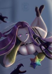 Rule 34 | 1girl, absurdres, ass, blurry, blurry background, bored, breasts, cleavage, clothes, fate/grand order, fate (series), gorgon (fate), heavy, highres, huge ass, large breasts, long hair, lunar avenger, medusa (fate), medusa (rider) (fate), night, on bed, purple eyes, purple hair, rider, saint quartz (fate), scales, skindentation, snake hair, solo