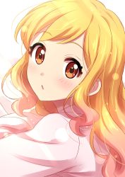 Rule 34 | 10s, 1girl, absurdres, aikatsu! (series), aikatsu stars!, blonde hair, blush, brown eyes, commentary request, eyelashes, gradient hair, highres, lens flare, lens flare abuse, looking at viewer, multicolored hair, nijino yume, parted lips, pink shirt, sekina, shirt, simple background, solo, upper body, white background