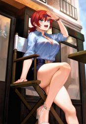 Rule 34 | 1girl, absurdres, arm up, bare legs, belt, blue eyes, boudica (fate), bracelet, breasts, cleavage, collared shirt, earrings, fate/grand order, fate (series), hair between eyes, high-waist pants, high-waist shorts, high heels, highres, jewelry, mashuu (neko no oyashiro), medium breasts, miniskirt, necklace, open mouth, pants, pencil skirt, red hair, scan, shirt, shorts, simple background, sitting, skirt, sleeves rolled up, solo, thighs