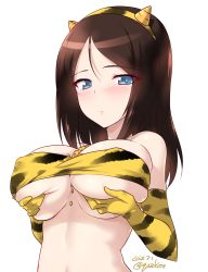 Rule 34 | 1girl, animal print, artist name, beans, black hair, blue eyes, blush, breast lift, breasts, closed mouth, covered erect nipples, dated, elbow gloves, fake horns, girls und panzer, gloves, highres, horns, kuzuryuu kennosuke, large breasts, looking at viewer, medium hair, nonna (girls und panzer), oni costume, oni horns, setsubun, shiny skin, simple background, skindentation, solo, strapless, tiger print, tube top, upper body, white background