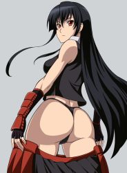 Rule 34 | 10s, 1girl, akame (akame ga kill!), akame ga kill!, ass, belt, black gloves, black hair, black panties, breasts, closed mouth, female focus, gloves, large breasts, long hair, looking at viewer, miniskirt, panties, red belt, red eyes, simple background, skirt, solo, standing, underwear, white background