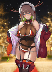 Rule 34 | 1girl, antlers, bell, bikini, bikini over clothes, black thighhighs, blade (nidy), blue eyes, blurry, blurry background, breasts, brown hair, brown leotard, christmas, christmas tree, cleavage, closed mouth, coat, colored inner hair, commentary request, covered navel, detached collar, from side, garter belt, garter straps, green hair, hair between eyes, hair ribbon, highres, horns, large breasts, leotard, leotard under clothes, looking at viewer, maid headdress, mole, mole under mouth, multicolored hair, neck bell, nidy, night, open clothes, open coat, original, outdoors, red coat, reindeer antlers, ribbon, santa bikini, snow, solo, swimsuit, swimsuit over clothes, thighhighs, underboob