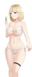 Rule 34 | absurdres, bikini, blonde hair, blue eyes, breasts, eyebrows hidden by hair, food, hair ornament, highres, hololive, hololive english, holomyth, ice cream, ice cream cone, large breasts, licking lips, navel, o-ring, o-ring bikini, purewhite draw, ringed eyes, short hair, side-tie bikini bottom, simple background, skindentation, swimsuit, thigh strap, tongue, tongue out, underboob, upper body, virtual youtuber, watson amelia, white background, white bikini