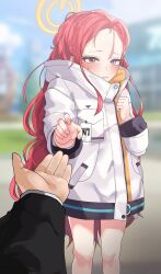Rule 34 | 1girl, 1other, blue archive, blurry, blurry background, blush, closed mouth, feet out of frame, forehead, halo, highres, hood, hood down, hooded jacket, jacket, long hair, long sleeves, looking at viewer, oddman1234, purple eyes, red hair, white jacket, yellow halo, yuzu (blue archive)