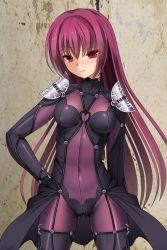 Rule 34 | 1girl, armor, blush, bodysuit, breasts, covered navel, cowboy shot, fate/grand order, fate (series), large breasts, long hair, looking at viewer, onna kishi no shiro, pauldrons, purple bodysuit, purple hair, red eyes, scathach (fate), scathach (fate), scathach (swimsuit assassin) (fate), shoulder armor, smile, solo, very long hair