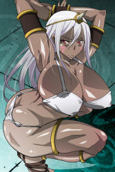 Rule 34 | 1girl, anklet, armlet, armpits, arms up, ass, bikini, bracelet, breasts, butt crack, covered erect nipples, dark-skinned female, dark skin, drawing on another&#039;s face, extra, female focus, hair ornament, horns, huge ass, huge breasts, jewelry, jojo no kimyou na bouken, kunifuto, long hair, looking at viewer, lots of jewelry, pillar woman, red eyes, single horn, solo, squatting, swimsuit, thighs, underwear, white bikini, white hair