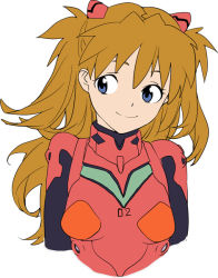 Rule 34 | 1girl, arms at sides, baba arumi, bad id, bad pixiv id, blue eyes, cropped torso, flat color, long hair, neon genesis evangelion, orange hair, plugsuit, simple background, smile, solo, souryuu asuka langley, two side up, upper body, wavy hair, white background