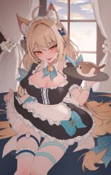 Rule 34 | 1girl, absurdres, animal ears, blonde hair, breasts, cat ears, cat tail, fang, hair between eyes, hair ornament, highres, holding, holding tray, large breasts, long hair, original, sitting, skirt, slit pupils, solo, tail, tongue, tongue out, tray, zerocat