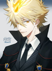 Rule 34 | 1boy, black coat, black jacket, black necktie, blonde hair, character name, closed mouth, coat, collared jacket, collared shirt, fire, formal, giotto (reborn), grey background, high collar, jacket, jewelry, katekyo hitman reborn!, looking at viewer, male focus, necktie, ru (famia), shirt, short hair, simple background, solo, striped clothes, striped jacket, suit, upper body, white shirt, yellow eyes