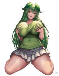 Rule 34 | 1girl, bare legs, breast hold, breasts, cameltoe, collarbone, commission, covered navel, full body, grabbing, grabbing own breast, green eyes, green hair, green shirt, highres, huge breasts, kneeling, long hair, looking at viewer, mad kimo, original, panties, parted lips, shirt, short sleeves, simple background, skirt, solo, striped clothes, striped skirt, thighs, underwear, white background, white panties