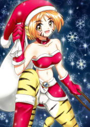 Rule 34 | 1girl, breasts, breath of fire, breath of fire ii, cat tail, christmas, facial mark, fang, furry, gloves, hat, holding, holding sack, orange hair, pussy, rinpoo chuan, sack, santa costume, santa hat, tail, tiger stripes